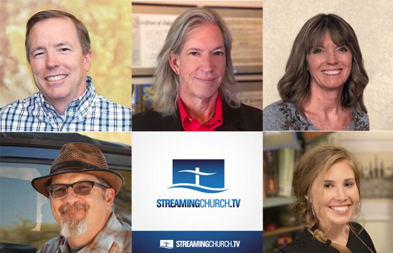 A collage of five smiling individuals celebrating 20 years of ministry above the StreamingChurch.tv logo. The top row has two men and one woman, while the bottom row features a man with a hat and a woman with a braid.