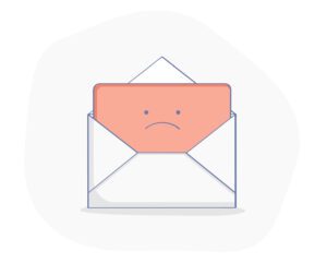 An illustration of an open envelope containing a pink sheet of paper with a sad face drawn on it, resembling an emotionally-charged email. The backdrop is light with a soft gray abstract shape, adding depth to the message's solemn tone.