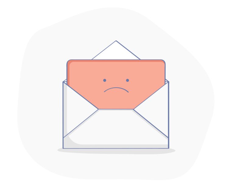An illustration of an open envelope containing a pink sheet of paper with a sad face drawn on it, resembling an emotionally-charged email. The backdrop is light with a soft gray abstract shape, adding depth to the message's solemn tone.