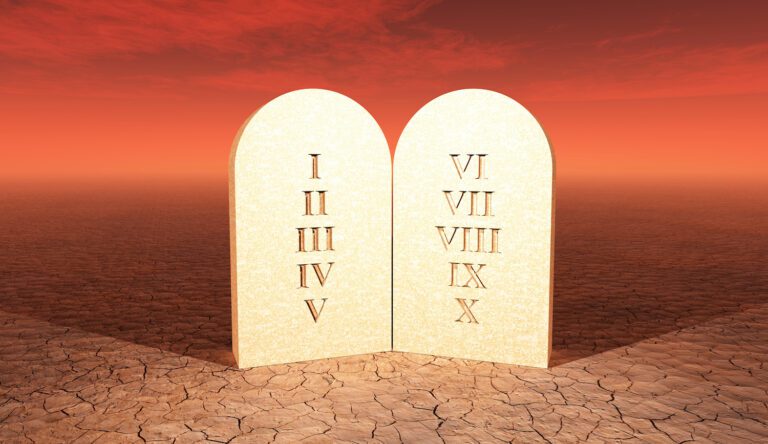Two stone tablets with Roman numerals I to X stand upright on dry, cracked earth against a reddish sky, resembling the iconic 10 Commandments imagery. The scene evokes a sense of timelessness, much like how video streaming has revolutionized modern storytelling.