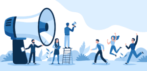 An illustration of five people near an oversized megaphone, promoting excitement and energy. One person stands on a ladder holding a smaller megaphone, while others run and jump with enthusiasm. Shrubs and abstract shapes form the background, adding dynamic flair to the lively scene.