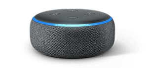 A small, round smart speaker with a fabric exterior and a light ring on top, featuring several control buttons. Perfect for streaming sermons or connecting with myChurchDaily for your daily spiritual needs.