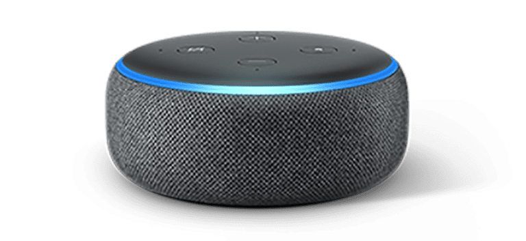 A small, round smart speaker with a fabric exterior and a light ring on top, featuring several control buttons. Perfect for streaming sermons or connecting with myChurchDaily for your daily spiritual needs.