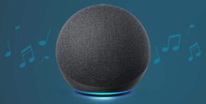 A gray, spherical smart speaker with a glowing blue base is centered against a blue background. Musical notes float around it, suggesting that it's playing music. Amazon Alexa's skills seamlessly enhance its capabilities, turning every interaction into a harmonious experience.