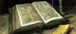 An open book lies on a wooden table next to a candlestick and a sword, perfect for those deep into Bible study tools. The worn pages suggest extensive use. Soft lighting creates a moody ambiance, with shadows emphasizing the objects' textures.