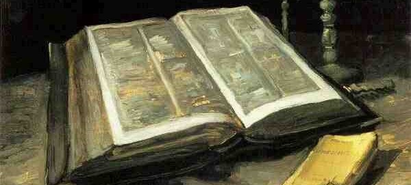 An open book lies on a wooden table next to a candlestick and a sword, perfect for those deep into Bible study tools. The worn pages suggest extensive use. Soft lighting creates a moody ambiance, with shadows emphasizing the objects' textures.