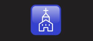 Consider an icon depicting a white church with a cross on top, set against a blue square background—perfect for representing a place of worship within a mobile app.