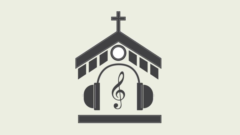 Silhouette of a church with a cross on top, featuring headphones around a musical treble clef symbol, embodying the essence of church audio and live streaming.