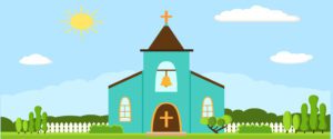 Illustration of a small, turquoise summer church with a brown roof and a bell tower. A bright sun and fluffy clouds adorn the blue sky above. The scene is surrounded by trees, bushes, and a white picket fence—a charming retreat to reach people amidst nature's embrace.