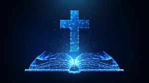 A digital illustration of a glowing, wireframe Bible with an open book. Above it, a bright, sparkling cross is formed from blue light particles, set against a dark background. The image symbolizes modern technology meeting religious themes through 2022 innovations in church equipment.