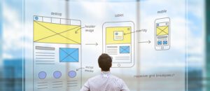A man stands before a transparent screen displaying a new church website's responsive design. The layout transitions from desktop to tablet and mobile, with labeled elements like "header image," "overlay," "social media," and "responsive grid breakpoints.
