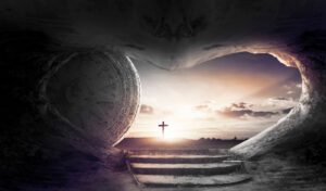 A stone tomb with a large circular stone rolled to the side reveals a path leading out to a warm Easter sunrise. A cross stands in the distance, framed by an opening shaped like a heart, symbolizing the resurrection on this glorious Sunday.