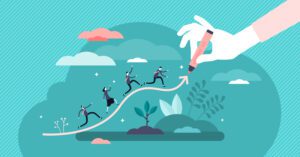 Illustration of four successful businesspeople running up a graph line, symbolizing growth, with a large hand drawing the line. The background features a landscape with clouds and plants, suggesting progress akin to a well-executed follow-up strategy.