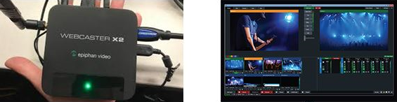 Close-up of a hand holding a Webcaster X2, a hardware encoder, on the left. On the right, a computer screen displays live video editing software with multiple clips, sound levels, and controls—perfect harmony between live encoders and software for seamless streaming.