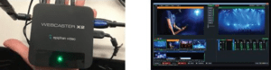 On the left, a hand holds a black Webcaster X2 hardware encoder with various cables connected. On the right, a computer screen showcases video editing software with multiple small video thumbnails and control panels.
