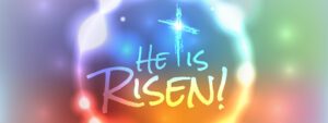 Colorful background with abstract lights. A cross is at the top, and the text "He Is Risen!" in bold, energetic lettering below celebrates Easter with joy, inviting the congregation to rejoice.