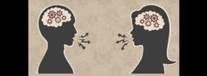 Silhouettes of a man and woman facing each other, with visible gears in their heads. Arrows between them symbolize the strategy to improve communication. The background features a pattern of gears, reminiscent of a well-tuned church community working in harmony.