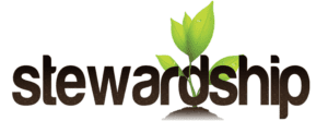 The word "stewardship" is written in large brown letters with the middle section forming soil. A green plant with three leaves grows from the soil, symbolizing growth and care, reflecting a church's dedication to nurturing its community through thoughtful campaigns.