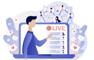 An illustration of a Church Online Host conducting a live streaming session on a laptop captures the essence of digital ministry. Behind the screen, diverse avatars represent a virtual congregation, while hearts and comments float around, symbolizing vibrant interaction and engagement.