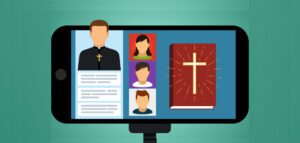 Illustration of a smartphone displaying a video call. A priest with a cross necklace and three participants are on the screen, embodying an online church gathering. Next to them is an image of a book with a cross, symbolizing religious content amidst creative ideas born during COVID-19 times.