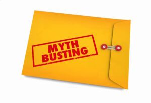 A closed yellow envelope with a red string clasp and "MYTH BUSTING" stamped in bold red letters lies against a plain white background. Inside, secrets about church service streaming myths await discovery.