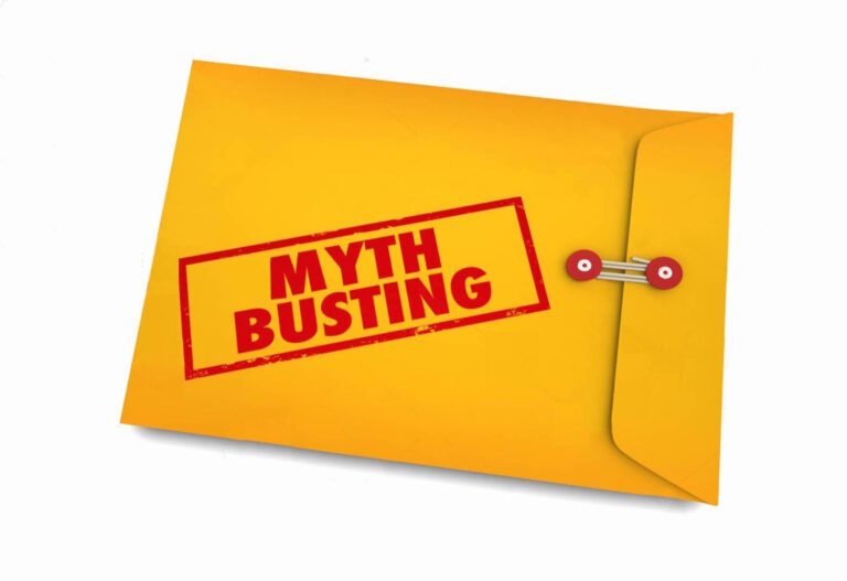 A closed yellow envelope with a red string clasp and "MYTH BUSTING" stamped in bold red letters lies against a plain white background. Inside, secrets about church service streaming myths await discovery.