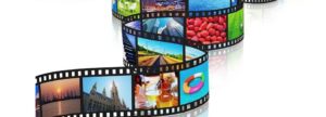 A wavy filmstrip unfurls vivid HD streaming scenes, showcasing colorful images of landscapes, cities, food, drinks, and captivating sunsets against a white backdrop.