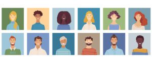 An illustrated grid of twelve diverse people, each in their own square. They display a variety of hairstyles, skin tones, and clothing colors, all smiling against different colored backgrounds. Together, they form a harmonious chorus of individuality—a collective voice celebrating vibrant diversity.