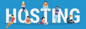 An illustration of seven Online Church Hosts engaged with laptops and phones, sitting on or around large letters spelling "HOSTING" against a blue background.