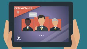 Illustration of hands holding a tablet displaying a video call with three cartoon clergy members wearing clerical collars. A speech bubble appears above one member as the tablet screen shows "Better Pastor Online" and a cross icon, perfectly capturing the essence of modern 2021 online church experiences.