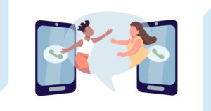 Illustration of two church members reaching out and smiling at each other from smartphone screens, with a speech bubble connecting them. Each phone displays a call icon, emphasizing how online tools help us stay connected.