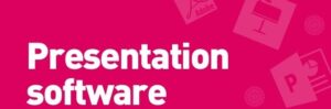 Text graphic on a pink background with the words "Presentation software" in bold white letters. Icons of Adobe Reader, PowerPoint, and a generic church presentation slide are faded in the background, highlighting essential tools for any sanctuary's digital arsenal.