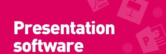 Text graphic on a pink background with the words "Presentation software" in bold white letters. Icons of Adobe Reader, PowerPoint, and a generic church presentation slide are faded in the background, highlighting essential tools for any sanctuary's digital arsenal.