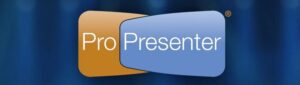The image showcases the ProPresenter logo, embodying a sleek, overlapping two-panel design perfect for video production. The left panel sports a vibrant orange, while the right is a calming blue, with "Pro Presenter" elegantly displayed in white across both panels.