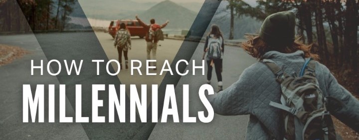 A person with a backpack walks along a winding road toward two people in the distance with arms raised. Text overlay reads, "Effective Marketing to Reach Millennials." The background showcases a forested area and mountains under a cloudy sky.