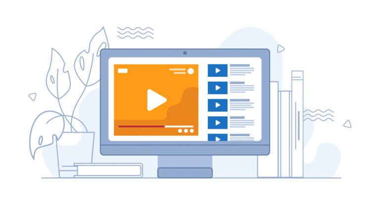 An illustration shows a computer monitor displaying a video platform interface, perfect for those looking to record sermons. A large play button dominates the screen, while the sidebar features thumbnails. Houseplants and books add a cozy touch, making it an inviting space for church activities.