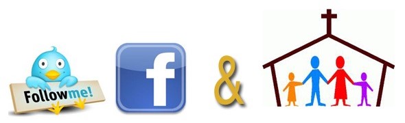 A cartoon blue bird holds a "Follow me!" sign next to the Facebook logo, symbolizing the vibrant connection between social media and a new congregation. Behind them, a stylized church with a cross is surrounded by four people holding hands in unity.
