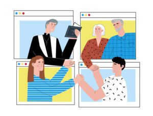 Illustration of four people in separate browser windows, each holding notebooks and reaching out to each other, showcasing connection and collaboration. The blue or yellow backgrounds offer a relaxing vibe that complements the scene's warm sense of unity.