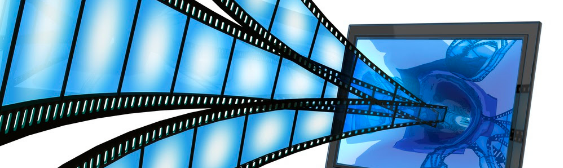 A monitor displays a swirling blue vortex, with film strips emerging from the screen, stretching outward. The image captures the essence of digital media and cinematic expression, embodying a successful streaming experience.
