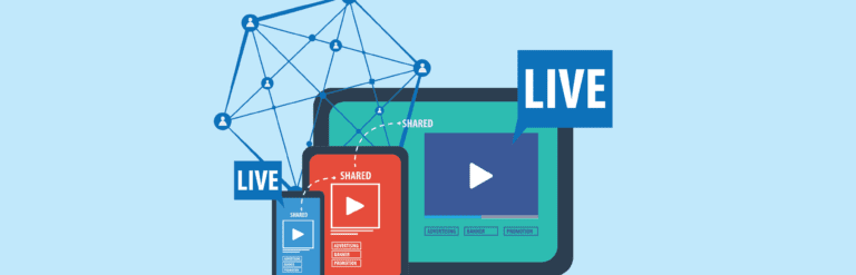 Illustration of digital devices streaming live video content. A smartphone, tablet, and computer screen display video play icons with "LIVE" and "SHARED" text. Connecting lines and nodes symbolize communication and networking. Background is light blue.