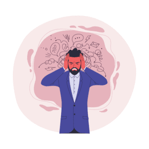 A man in a blue suit, representing the Ministry, clutches his head in stress. Behind him, a pink swirl filled with chaotic doodles like exclamation marks and lightning bolts symbolizes the mental overload he struggles to handle.