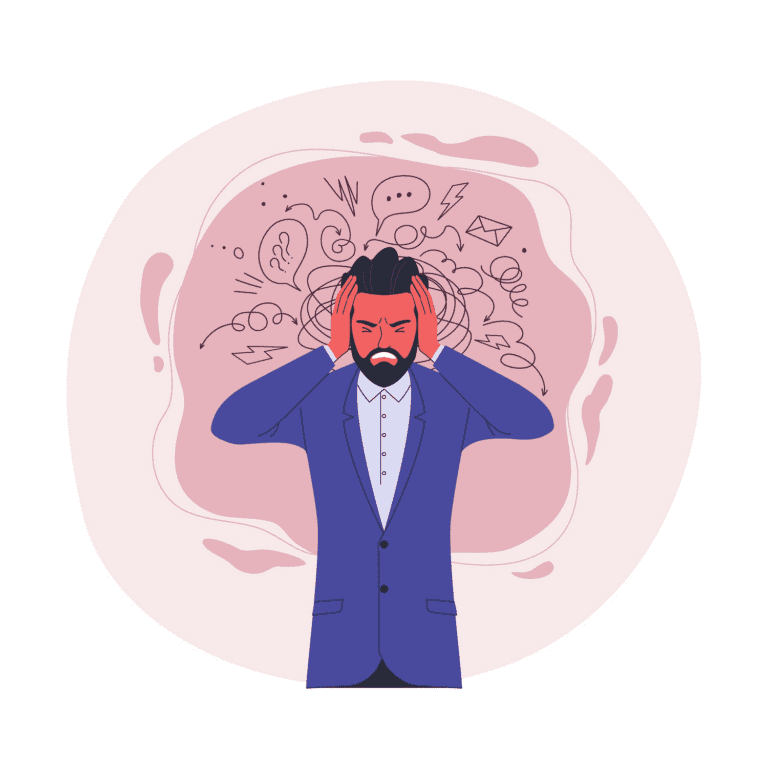 A man in a blue suit, representing the Ministry, clutches his head in stress. Behind him, a pink swirl filled with chaotic doodles like exclamation marks and lightning bolts symbolizes the mental overload he struggles to handle.