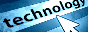 A large word "tech" is prominently featured in black text on a blue gradient background. A white cursor arrow hovers over the letters, suggesting great ways to spread the gospel of innovation. Geometric shapes and gear patterns are faintly visible in the background.