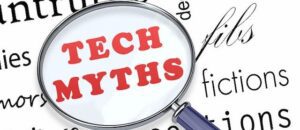 A magnifying glass focuses on the words "TECH MYTHS" in bold red letters, surrounded by words like "fibs," "fictions," and "intrigues" in black, symbolizing the investigation of technology misconceptions within church technology narratives.