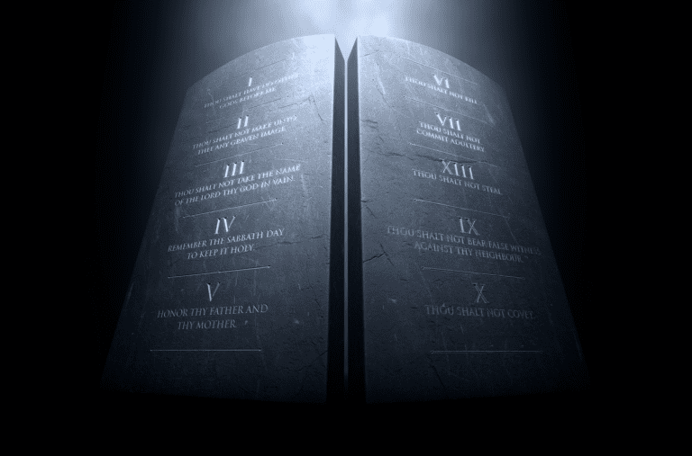 A dramatic, luminous illustration of two stone tablets featuring the Ten Commandments, reminiscent of those found in historic churches. The light beautifully highlights the engraved Roman numerals and text on the dark stone surface.