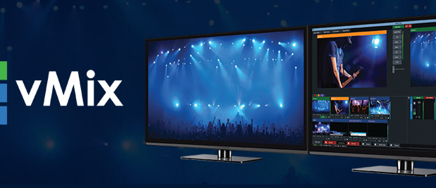 Two monitors showcasing vMix software capture the essence of live streaming video; the left screen features a concert stage bathed in blue lighting with a cheering crowd, while the right displays a video editing interface with diverse scenes. The vMix logo is prominently displayed on the left.