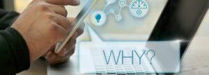 A person uses a tablet in front of a laptop with digital icons floating above and a speech bubble containing the word "WHY?" The icons, representing innovation and connectivity, underscore the benefits of live streaming church services, emphasizing the question's relevance.