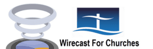 Logo combining a stylized broadcast icon and a blue emblem with a white cross over a wave. Text reads "Wirecast For Churches," symbolizing how Wirecast helps churches connect and share their message more effectively.