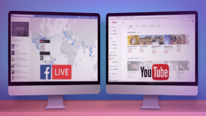 Two computer monitors display Facebook Live on the left, showcasing a world map with connection points like a digital church streaming network, and YouTube on the right, featuring video thumbnails. Each platform's logo is prominently emblazoned on its respective screen.