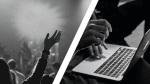 The split black and white image captures diverse experiences: the left side features raised hands at a concert, embodying a lively hybrid worship vibe, while the right side shows hands typing on a laptop keyboard, symbolizing how we maximize our engagement in digital spaces.